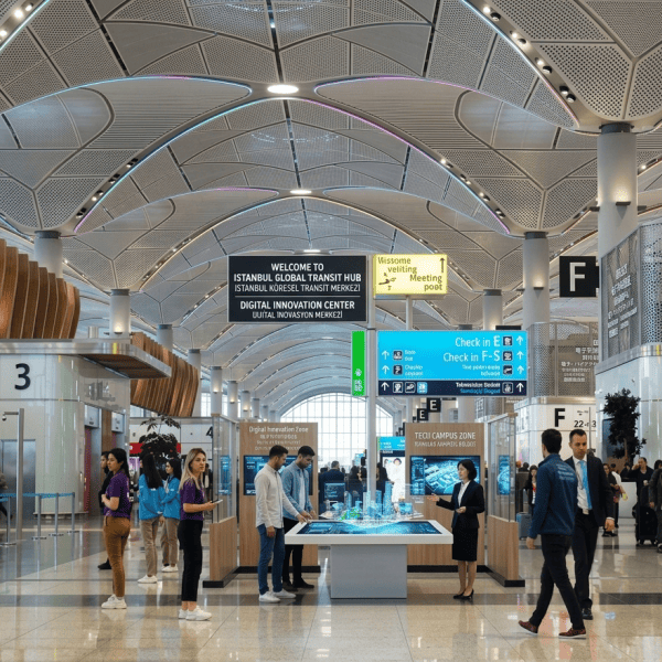 Airport terminal interior with metal baffle ceiling system
