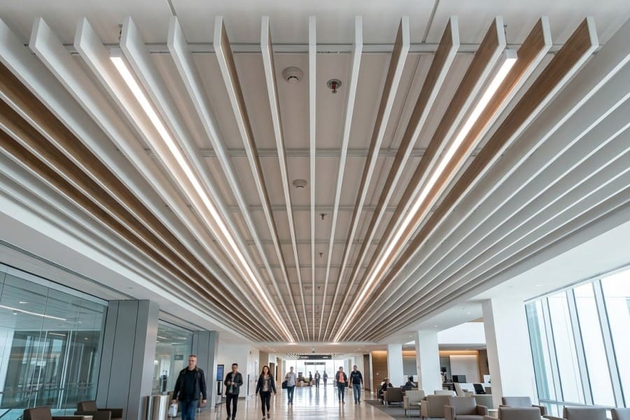 Aluminum baffle ceiling system in airport terminal