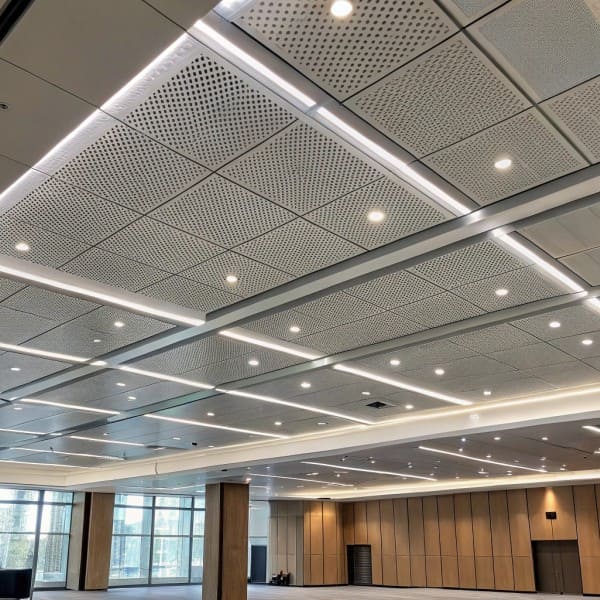 Clip-in aluminum ceiling tiles installed in a commercial space