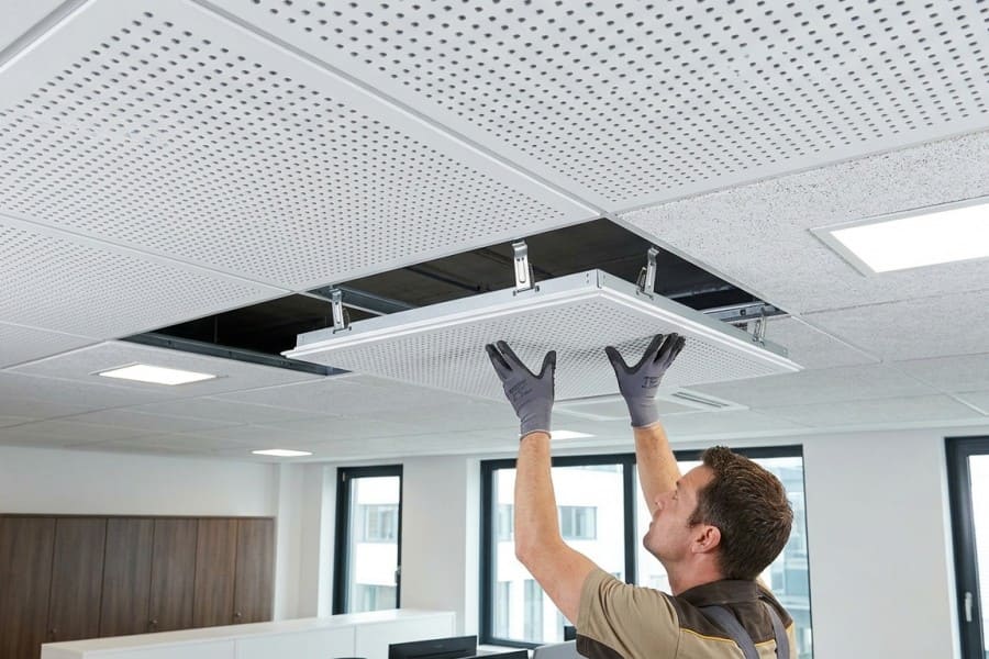 Clip-in aluminum ceiling panels in office space