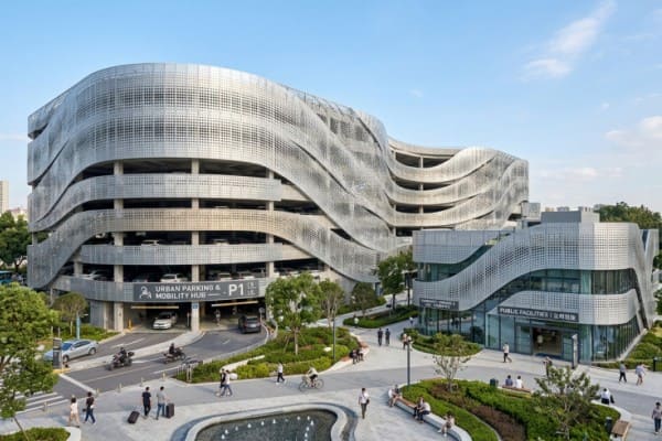 Parking structure with perforated metal ventilation facade