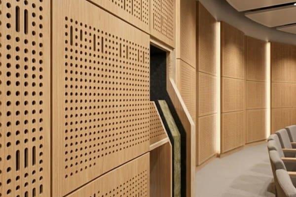 Perforated decorative metal panels on a building facade