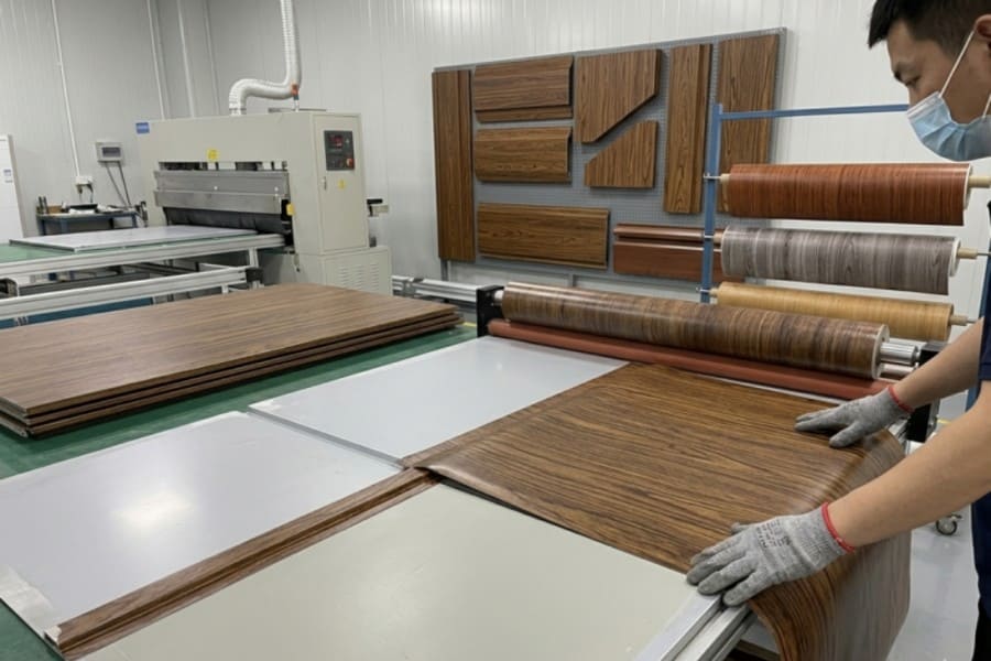 Wood grain transfer print finish on metal plank ceiling