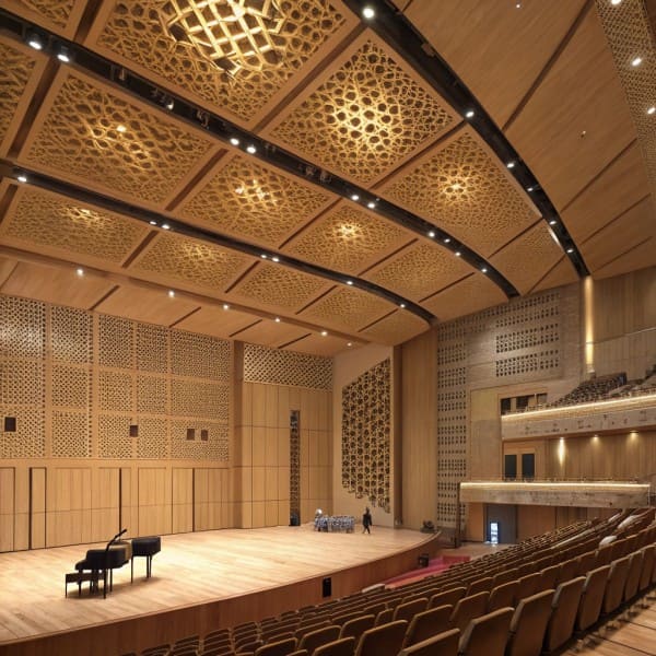Acoustic perforated aluminum ceiling panels in an office or auditorium