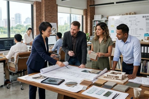 Architect reviewing aluminum ceiling shop drawings